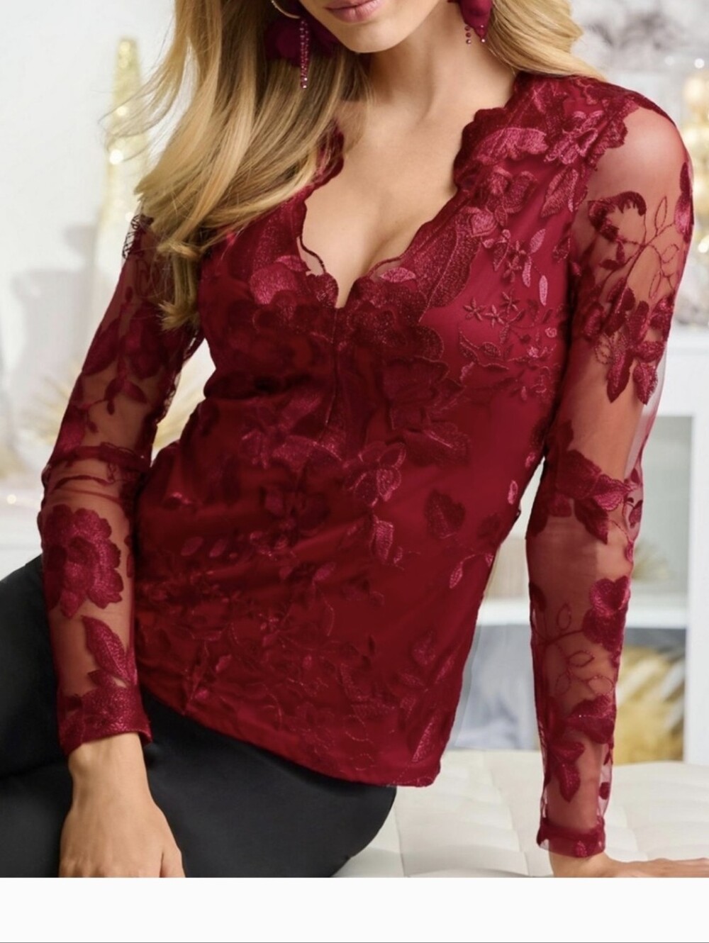 Boston Proper Red Embroidered V-Neck Sheer-Sleeve Blouse